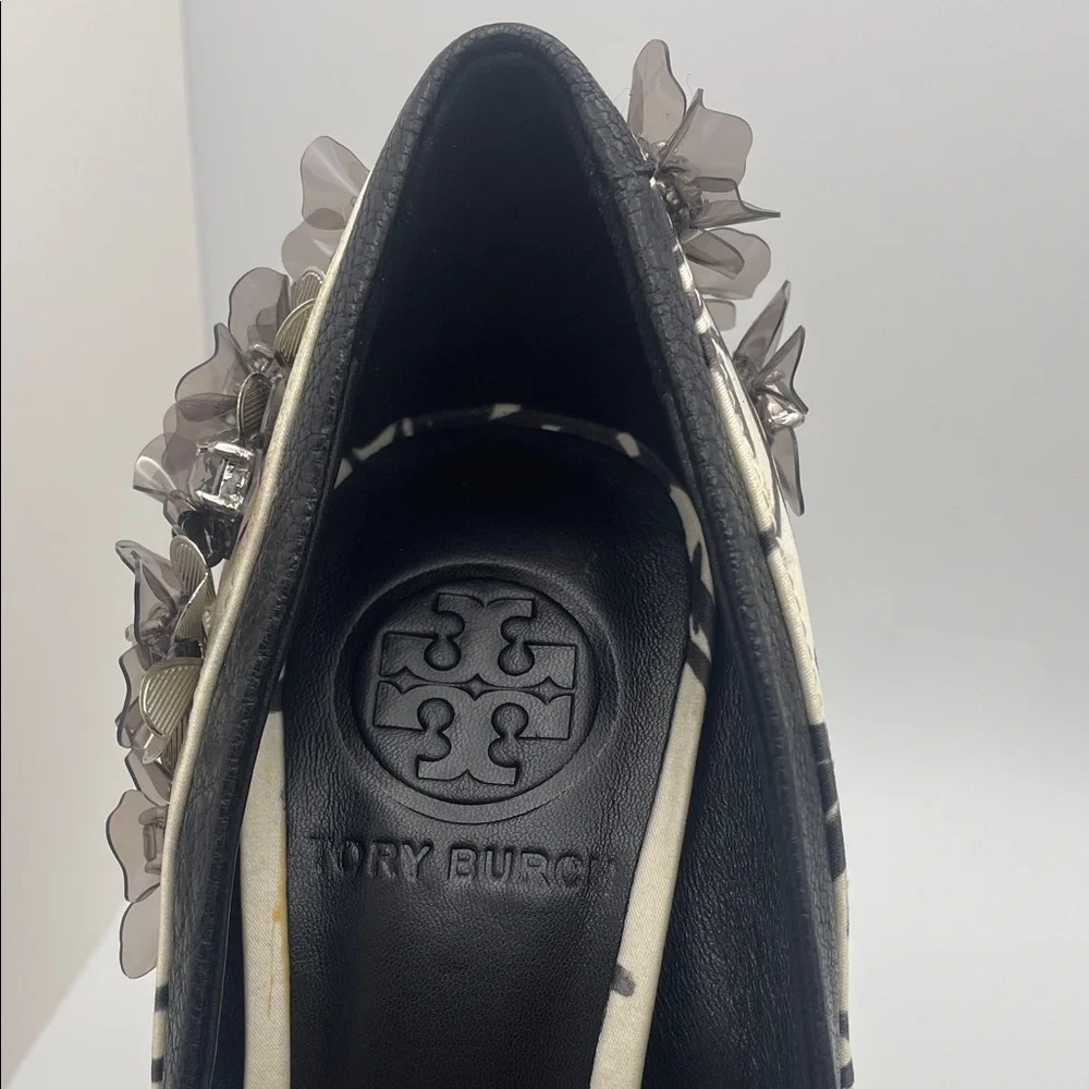 Tory Burch Clancy Black Open Toe Pump satin crystal embellished